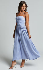 Callie Midi Dress - Satin Gathered Bust Detail Dress in Blue