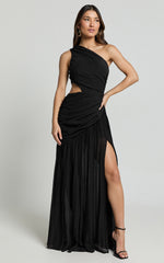 Darcy Maxi Dress - One Shoulder Side Cut Out Gathered Dress in Black