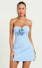 Odelle Mini Dress - Tulip Hem Cut Out 3D Floral Dress in Blue