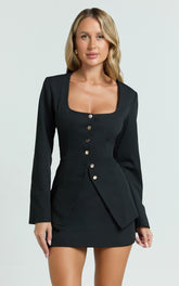 Evie Two Piece Set - Long Sleeve Button Down Tailored Top and Mini Skirt Set in Black