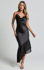 Sansa Midi Dress - Satin Cowl Neck Contrast Hem Asymmetrical Dress in Black