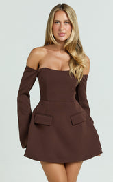 Nettie Mini Dress - Off Shoulder Longsleeve Fit and Flare Dress in Chocolate