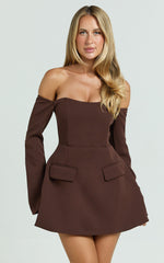 Nettie Mini Dress - Off Shoulder Longsleeve Fit and Flare Dress in Chocolate