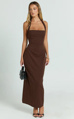 Salome Midi Dress - Halter Neck Column Dress in Chocolate