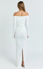 Judith Maxi Dress - Boat Neck Backless Tie Front Long Sleeve Jersey Dress in Cream
