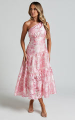 Lettie Midi Dress - One Shoulder Tiered Dress in Blurred Rose