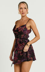 Mariana Mini Dress - Cowl Neck Drawstring Waist Slip Dress in Burn Out Floral