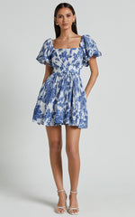 Mira Mini Dress - Square Neck Balloon Sleeve Dress in Blue Floral