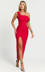Almaida Midi Dress - Off Shoulder Ruched Side Dress in Red