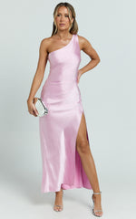Isla Maxi Dress - Satin One Shoulder Side Split Dress in Pink
