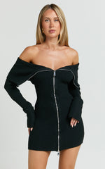 Madeline Mini Dress - Folded Off Shoulder Double Zip Front Knit Dress in Black