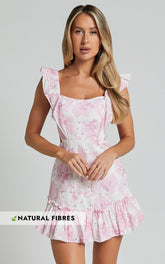 Anisha Mini Dress - Flutter Sleeve Straight Neck With Tie Back Dress in Pink and White Floral Print