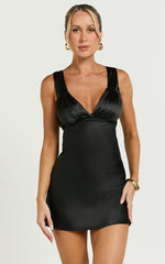 Michie Mini Dress - Wide Strap Ruched Bust Satin Dress in Black