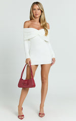 Rani Mini Dress - Off Shoulder Long Sleeve Bodycon Dress in Off White