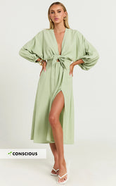 Tyricia Midi Dress - Long Sleeve Tie Front Cut Out Dress in Sage