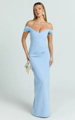 Veronika Maxi Dress - Off Shoulder Plunge High Split Dress in Blue