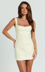 Orla Mini Dress - Jacquard Scoop Neck Fitted Dress in Lemon