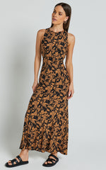 Francis Midi Dress - High Neck Slip Dress in Brown Floral