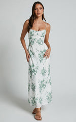 Bettina Midi Dress - Strappy Ruched Bust Slip Dress in Green and White Print