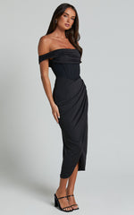 Aidia Midi Dress - One Shoulder Draped Corset Dress in Black