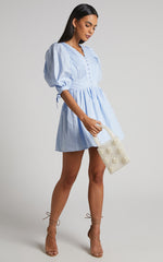 Zandra Mini Dress - Puff Sleeve Poplin Dress in Icy Blue