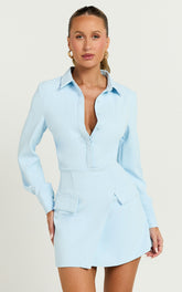 Wanda Mini Dress - Long Sleeve Faux Wrap Dress in Blue
