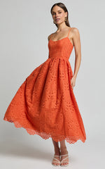Gabriella Midi Dress - Strappy Gathered Skirt Embroidered Dress in Orange