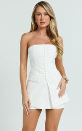 Monroe Two Piece Set - Strapless Button Down Longline Vest Top and High Waisted Mini Skirt in Cream