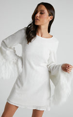 Rowella Mini Dress - Faux Feather Bell Sleeve Dress in White
