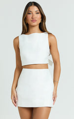 Sia Two Piece Set - Tie Back Boat Neck Crop Top and Mini Skirt Set in White