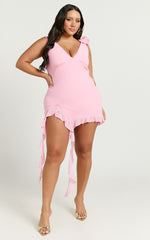 Solange Mini Dress - Ruffle Shoulder High Leg Dress in Frost Pink