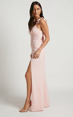 More Than This Maxi Dress - Ruffle Strap Thigh Split Dress in Blush
