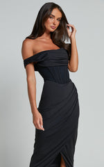 Aidia Midi Dress - One Shoulder Draped Corset Dress in Black