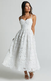 Deborah Midi Dress - Strappy Sweetheart Neck Corset Lace Dress in White