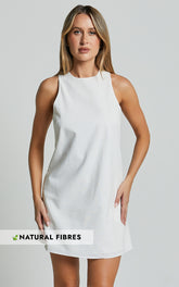 Elda Mini Dress - Linen High Neck Shift Dress in Off White