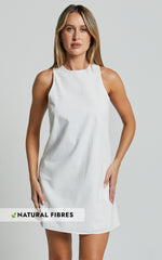 Elda Mini Dress - Linen High Neck Shift Dress in Off White