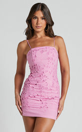 Kellie Mini Dress - Strappy Embroidered Lace Dress in Pink