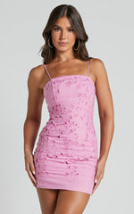 Kellie Mini Dress - Strappy Embroidered Lace Dress in Pink
