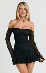 Frieda Mini Dress - Off Shoulder Flared Long Sleeve Stretch Lace Dress in Black