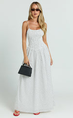 Doris Maxi Dress - Strappy Fit and Flare Maxi Dress in White Polkadot