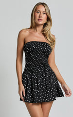Hera Mini Dress - Drop Waist Ruched Fit and Flare Mini Dress in Black Polka Dot