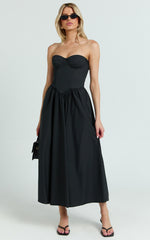 Daria Midi Dress - Strapless Corset Gathered Dress in Black