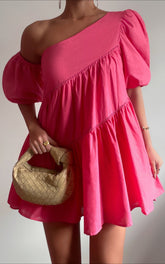 Harleen Mini Dress - Linen Asymmetrical Trim Puff Sleeve Dress in Pink