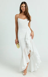 Brionna Midi Dress - Lace Neck Ruched Ruffle Hem Dress in White