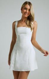 Adiana Mini Dress - Linen Square Neck Shirred Back A Line Dress in Off White
