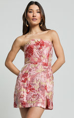 Atalia Mini Dress - Strapless Draped Jacquard Dress in Rust