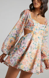 Ebonee Mini Dress - Puff Sleeve Cut Out Dress in Flower Crown