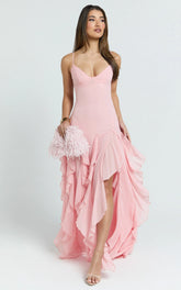 Maeve Maxi Dress - V Neck Ruffle Tier Slip Dress in Pink