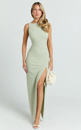 Indi Maxi Dress - Boat Neck Bodycon Dress in Sage