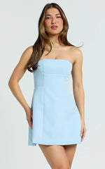 Catharine Mini Dress - Strapless A Line Dress in Blue
